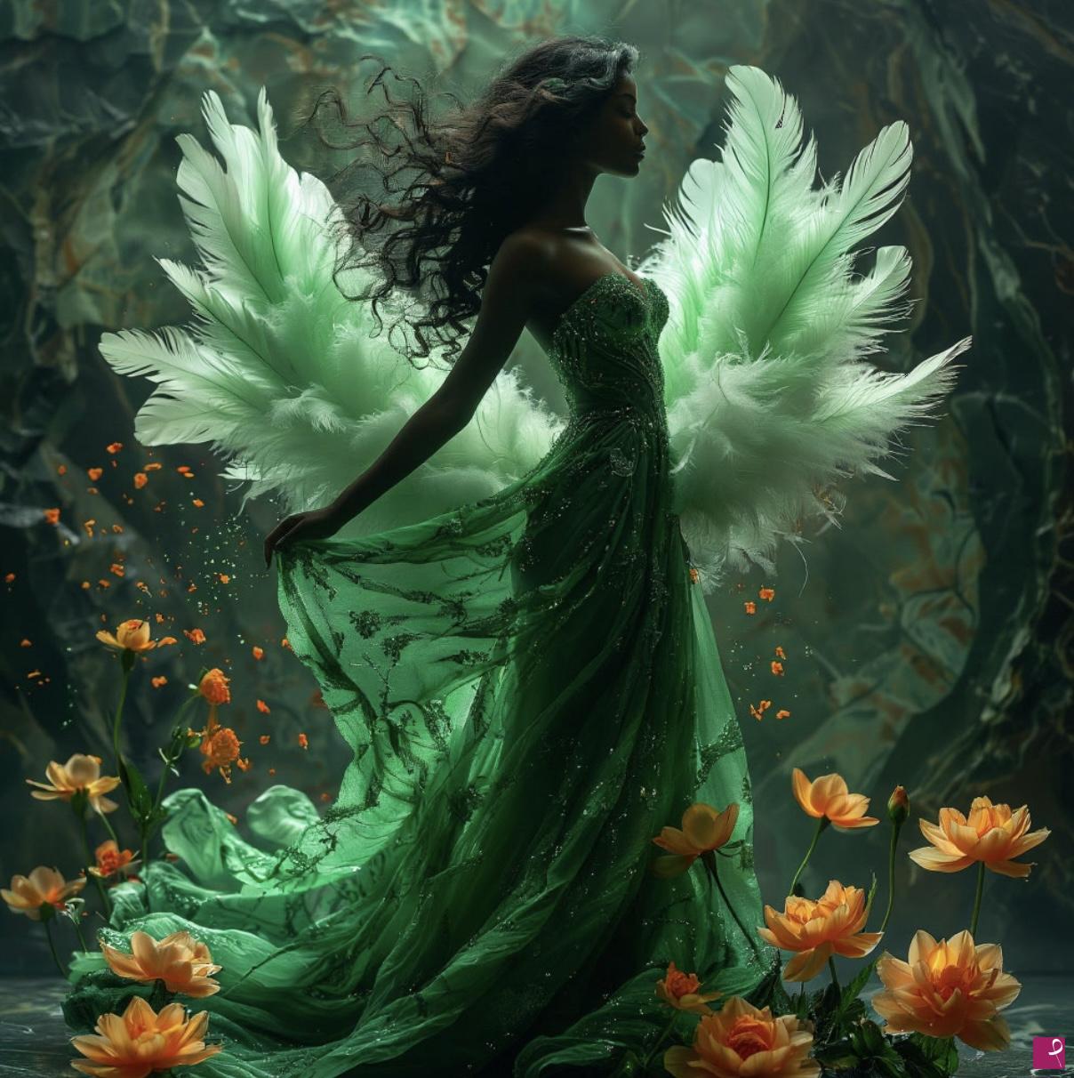 quadri in vendita online - Girl, green leaves, flowers 