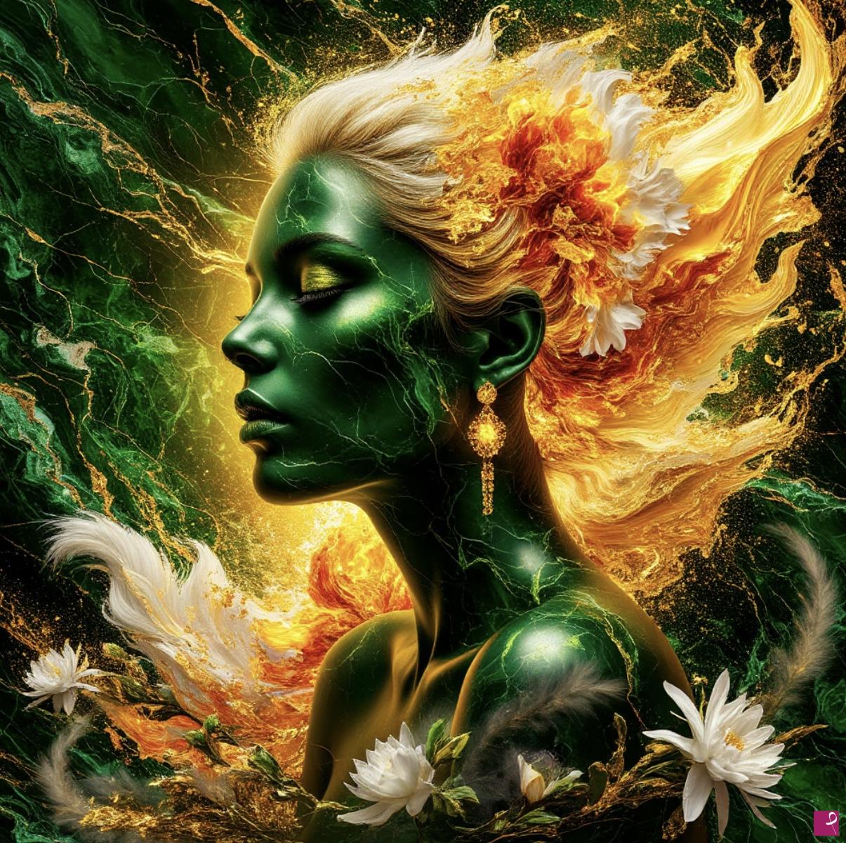 quadri in vendita online - Girl, green marble, flowers and gold fire 