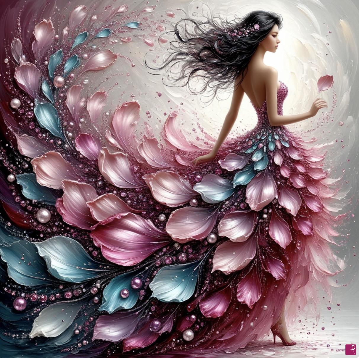 quadri in vendita online - Girl in a dress made of flower petals