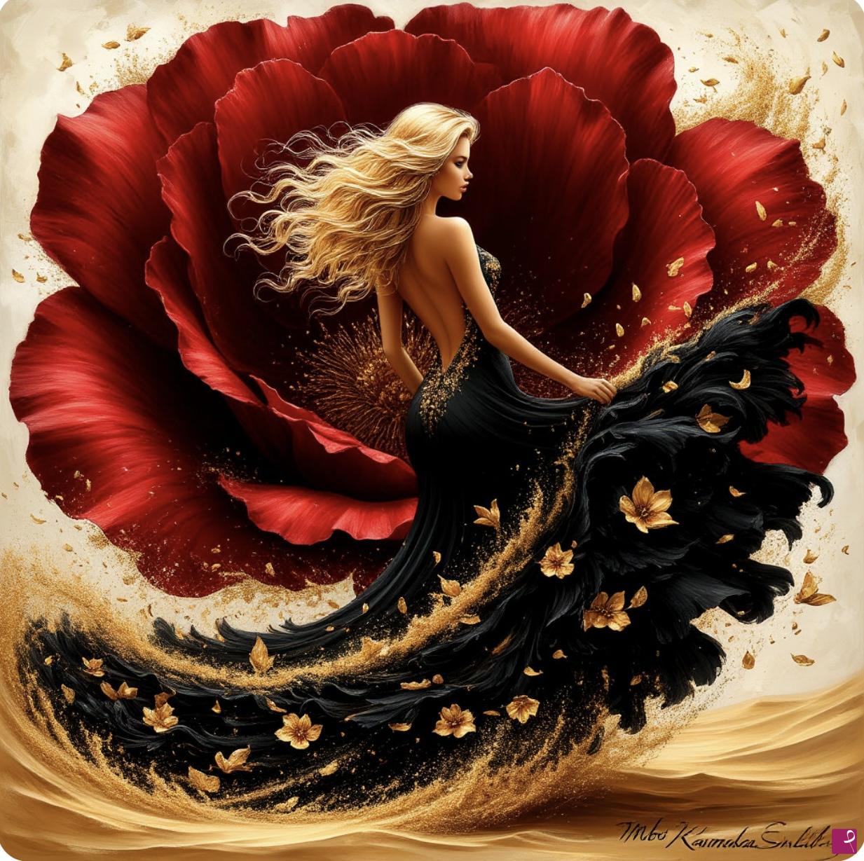 quadri in vendita online - Girl in black dress and biggest flower 