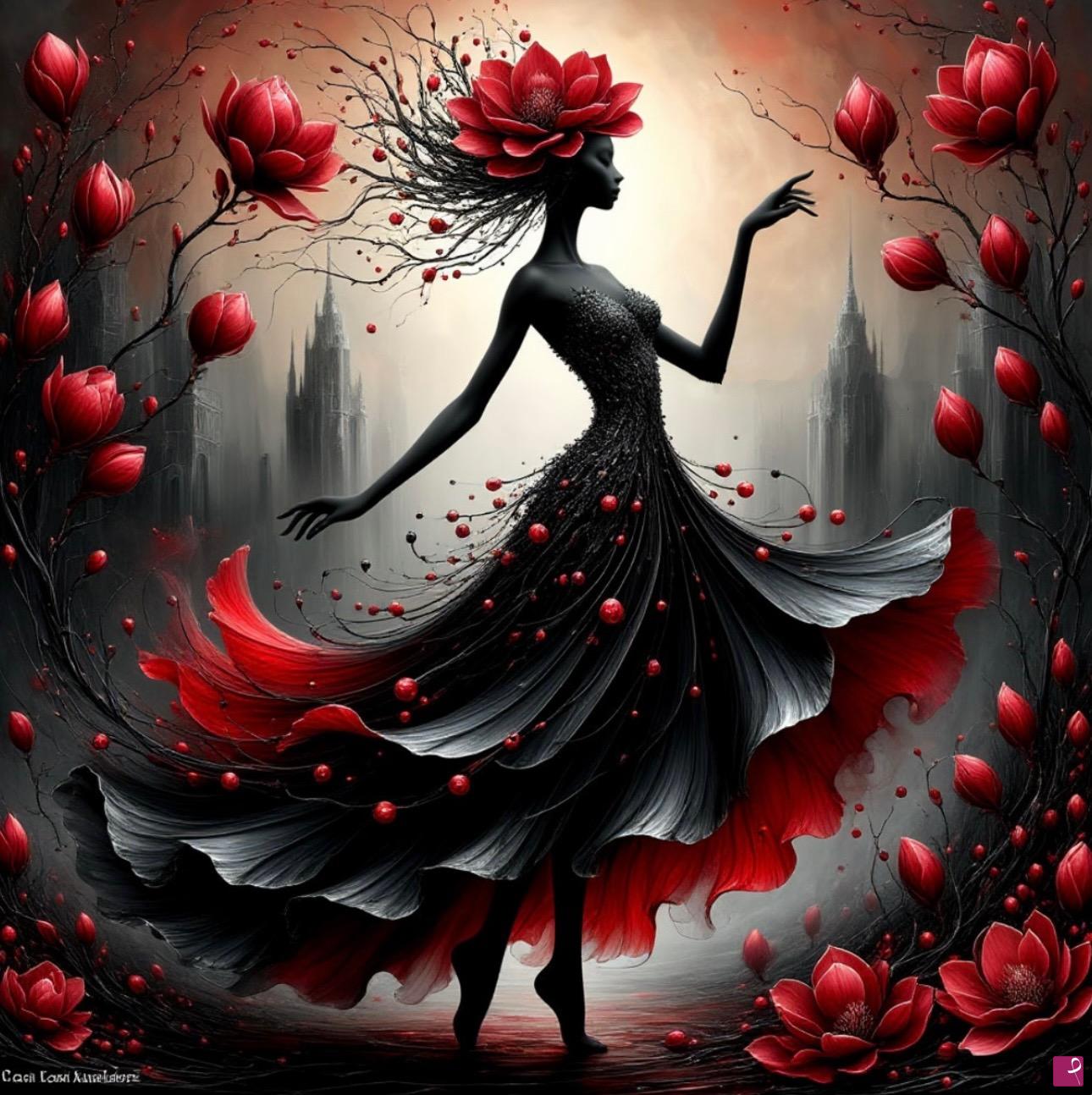quadri in vendita online - Girl in black dress and flowers 