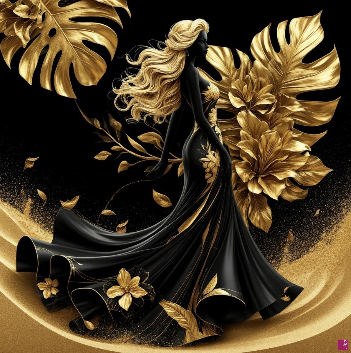 quadri in vendita online - Girl in black dress and gold leaf