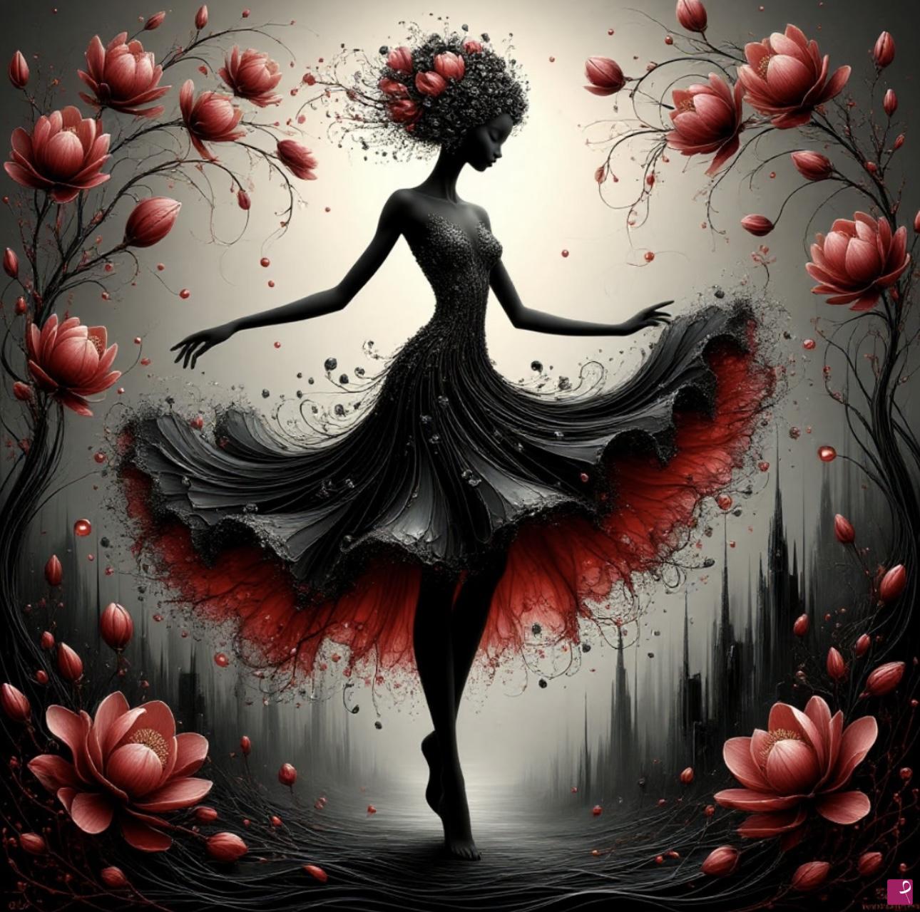 quadri in vendita online - Girl in black dress and many flowers 