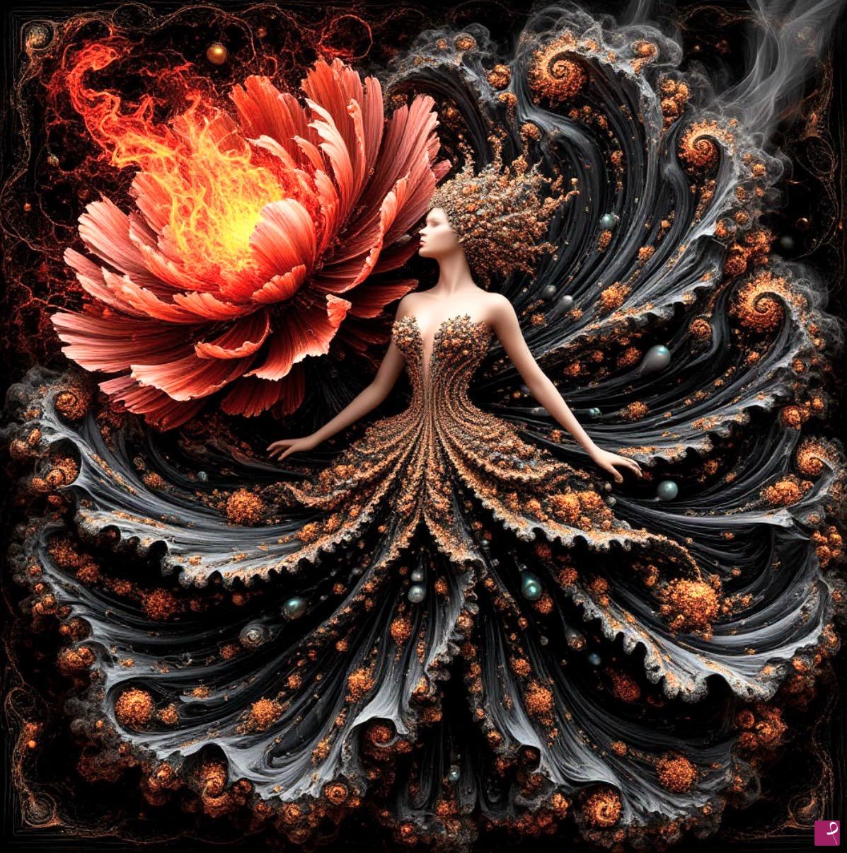 quadri in vendita online - Girl in dress and big rad flower 