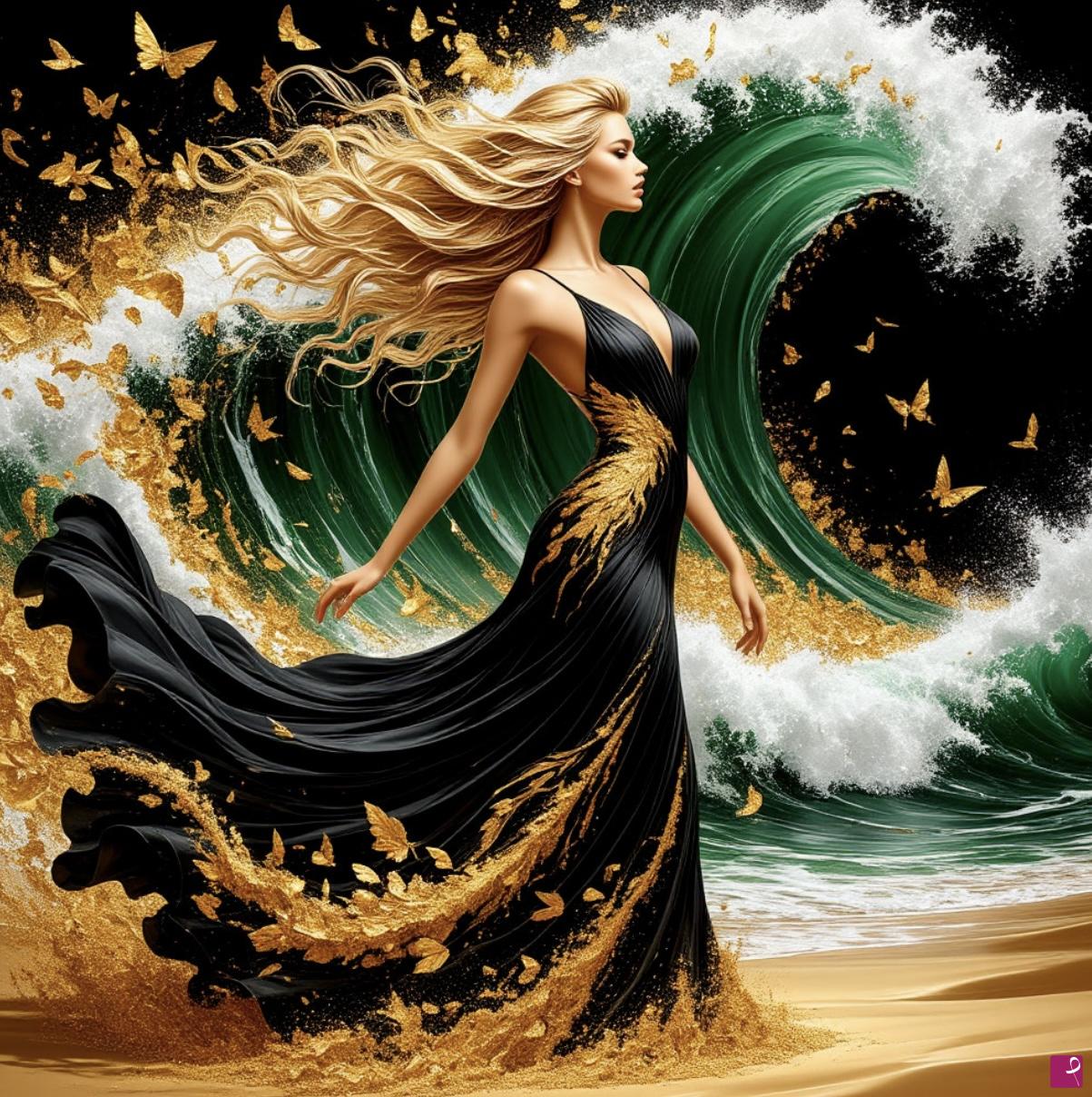 quadri in vendita online - Girl in dress and ran ocean waves 2