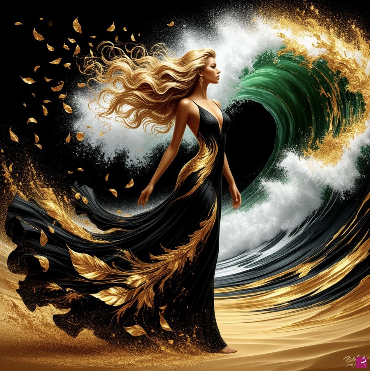 quadri in vendita online - Girl in dress and ran ocean waves 