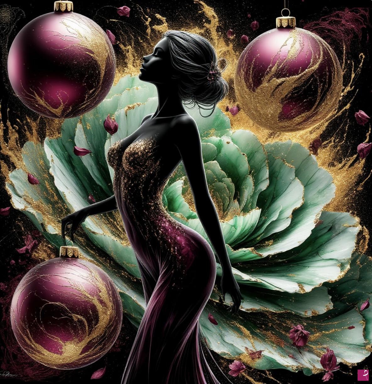 quadri in vendita online - Girl in dress, big green flower, balls