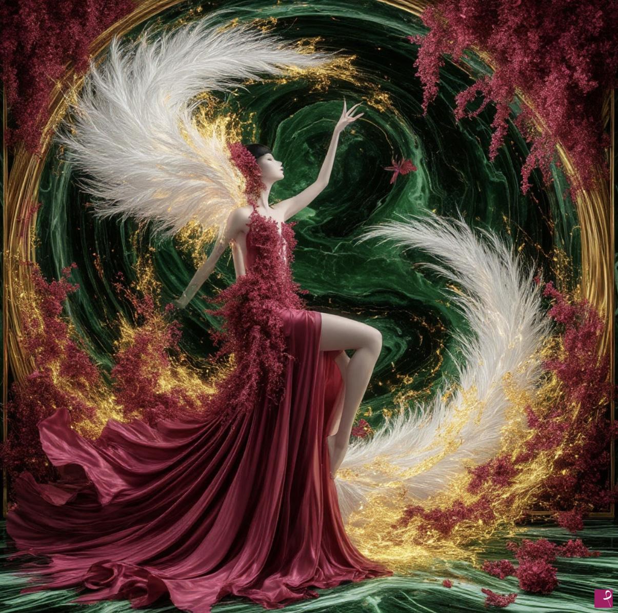 quadri in vendita online - Girl in dress, feathers, fire 