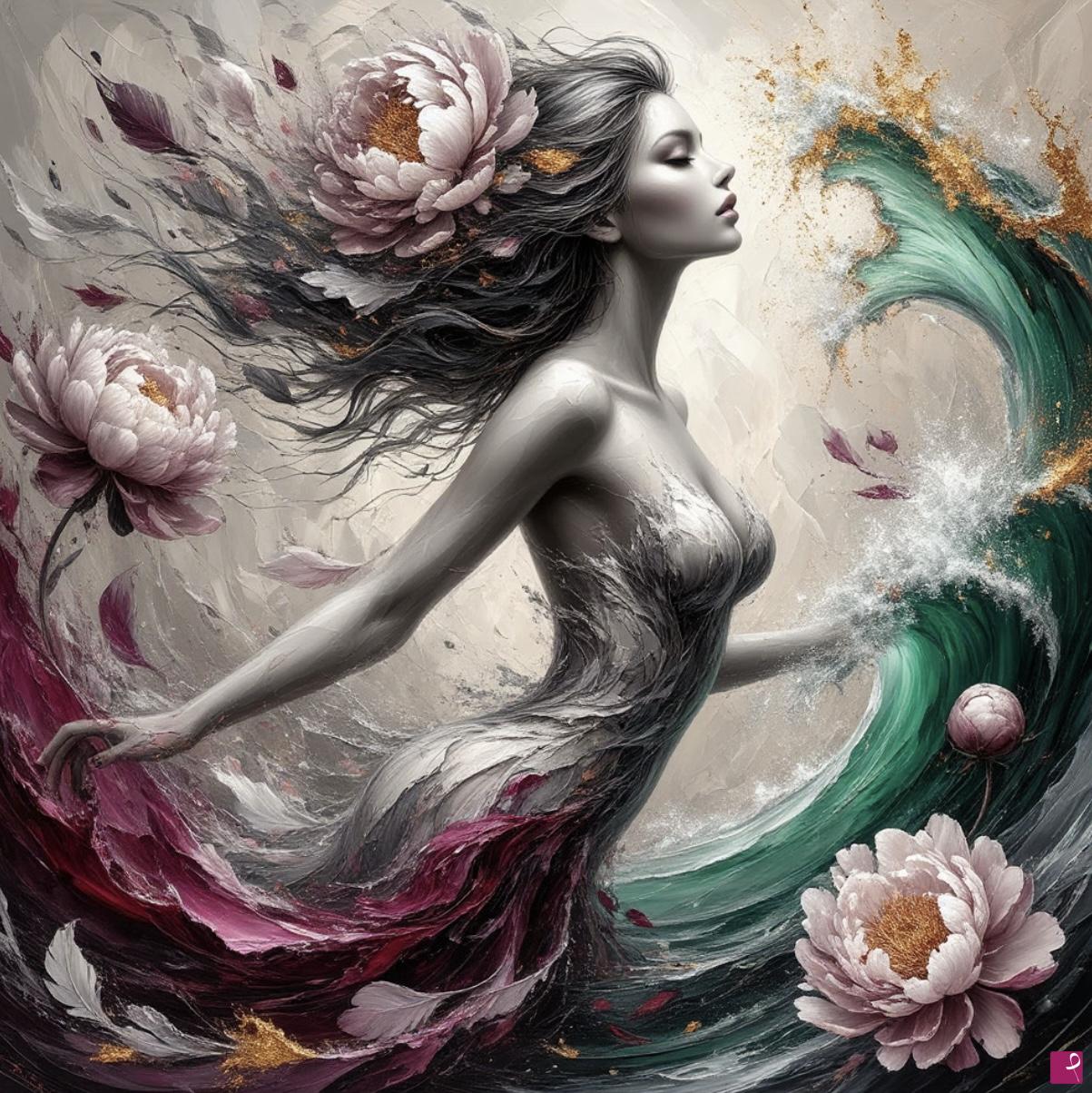 quadri in vendita online - Girl in dynamics, waves, flowers 