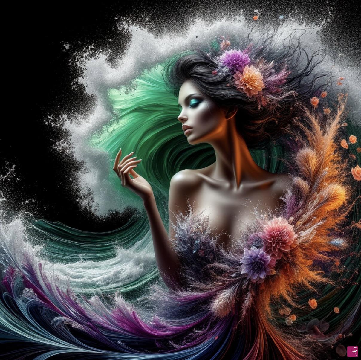quadri in vendita online - Girl in flowers in head, waves 
