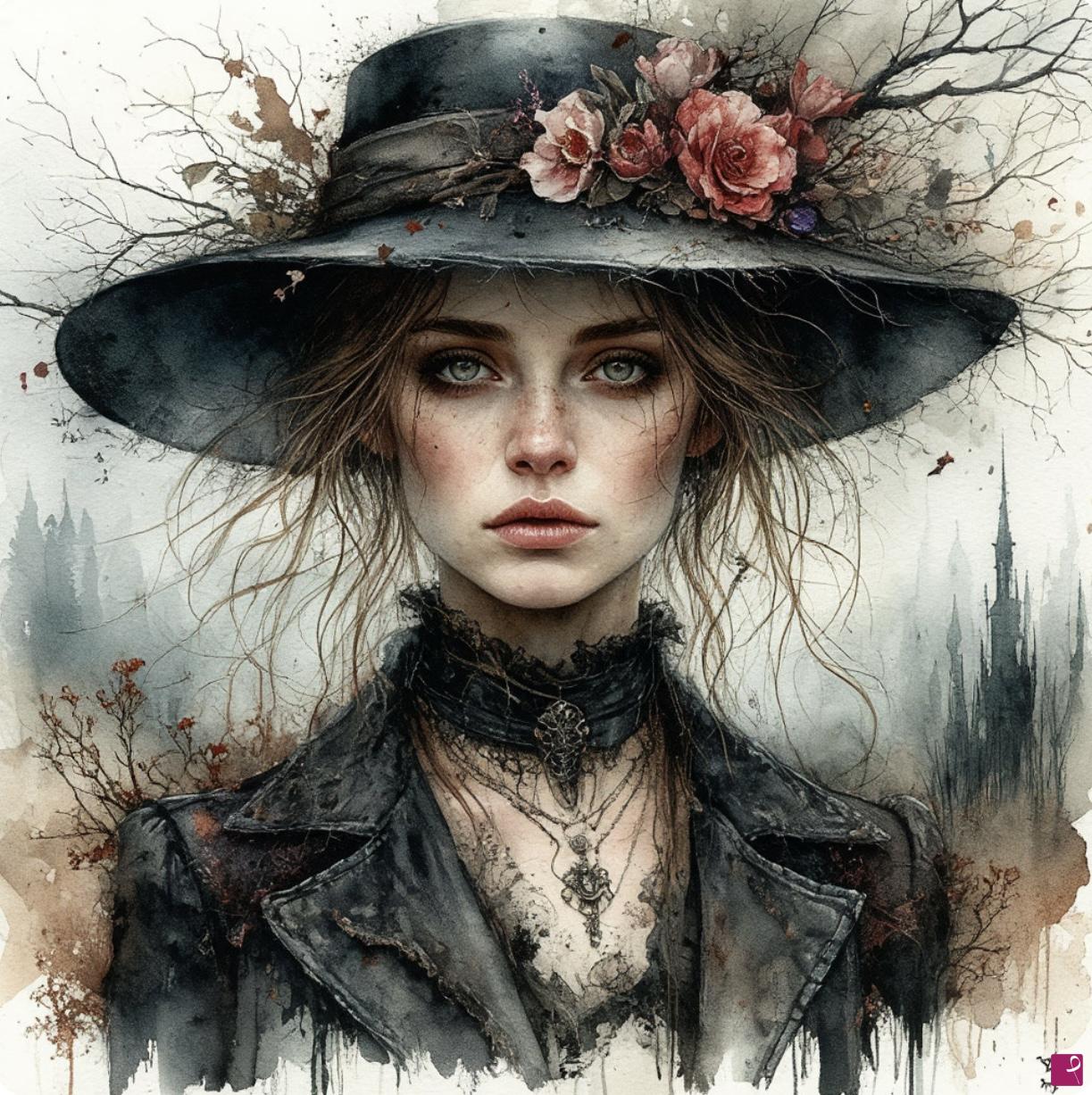 quadri in vendita online - Girl in Hat with flowers 