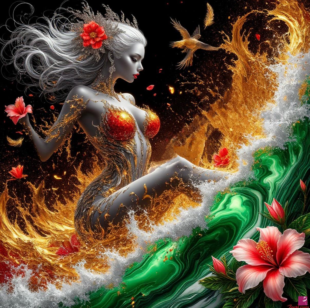 quadri in vendita online - Girl in ocean waves and flowers 