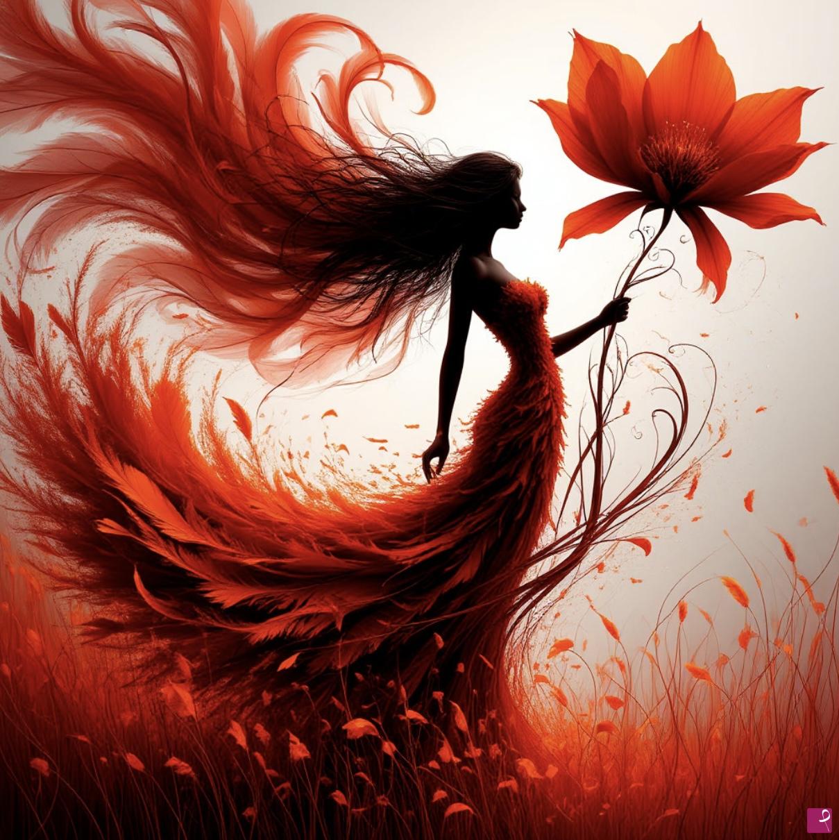quadri in vendita online - Girl in orange dress with flower in hand 