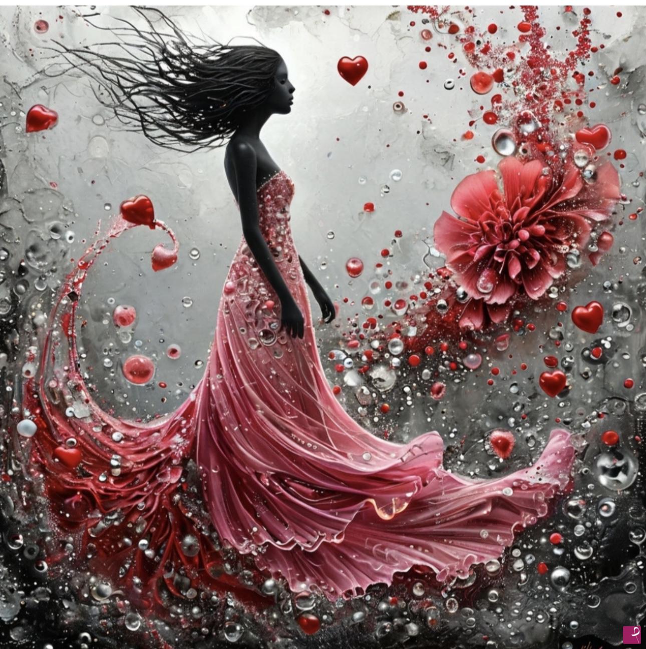 quadri in vendita online - Girl in pink dress, water bubbles 