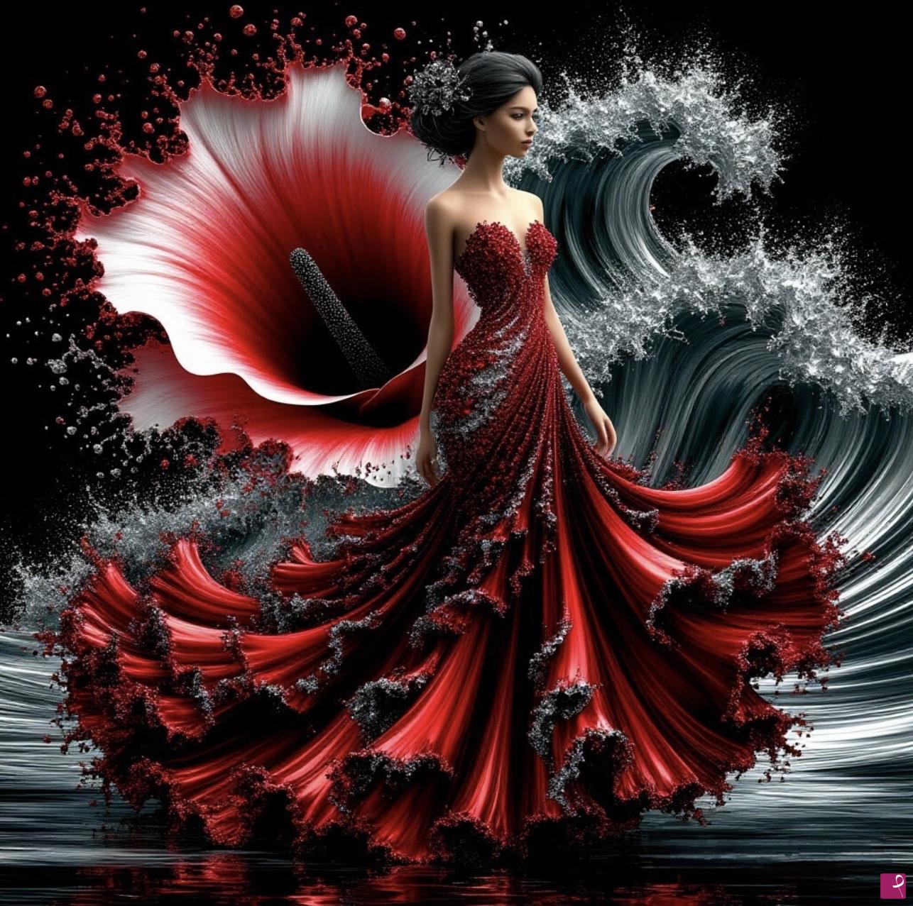 quadri in vendita online - Girl in rad dress, waves, big flower 