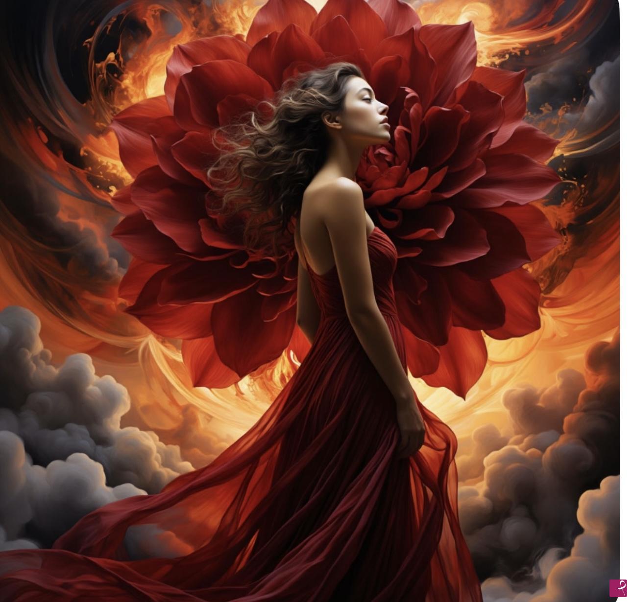 quadri in vendita online - Girl in red dress and biggest flower 