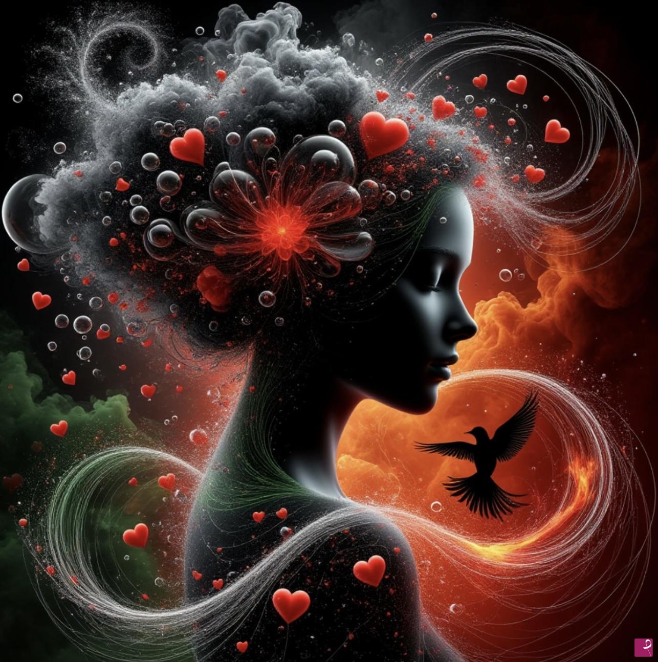 quadri in vendita online - Girl in sky, bird, many hearts 