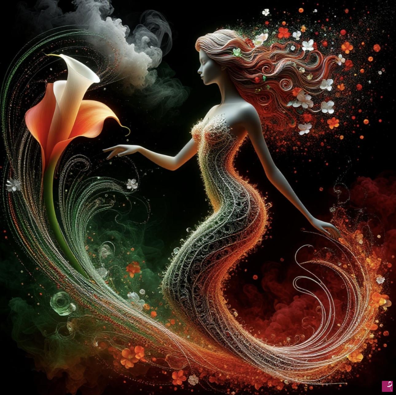 quadri in vendita online - Girl in sky, many flowers and big flower 