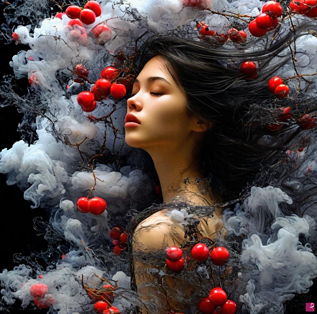 quadri in vendita online - Girl in sky, red bubble on branch 