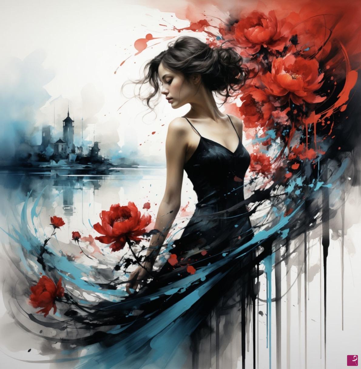 quadri in vendita online - Girl in tornado from flowers 
