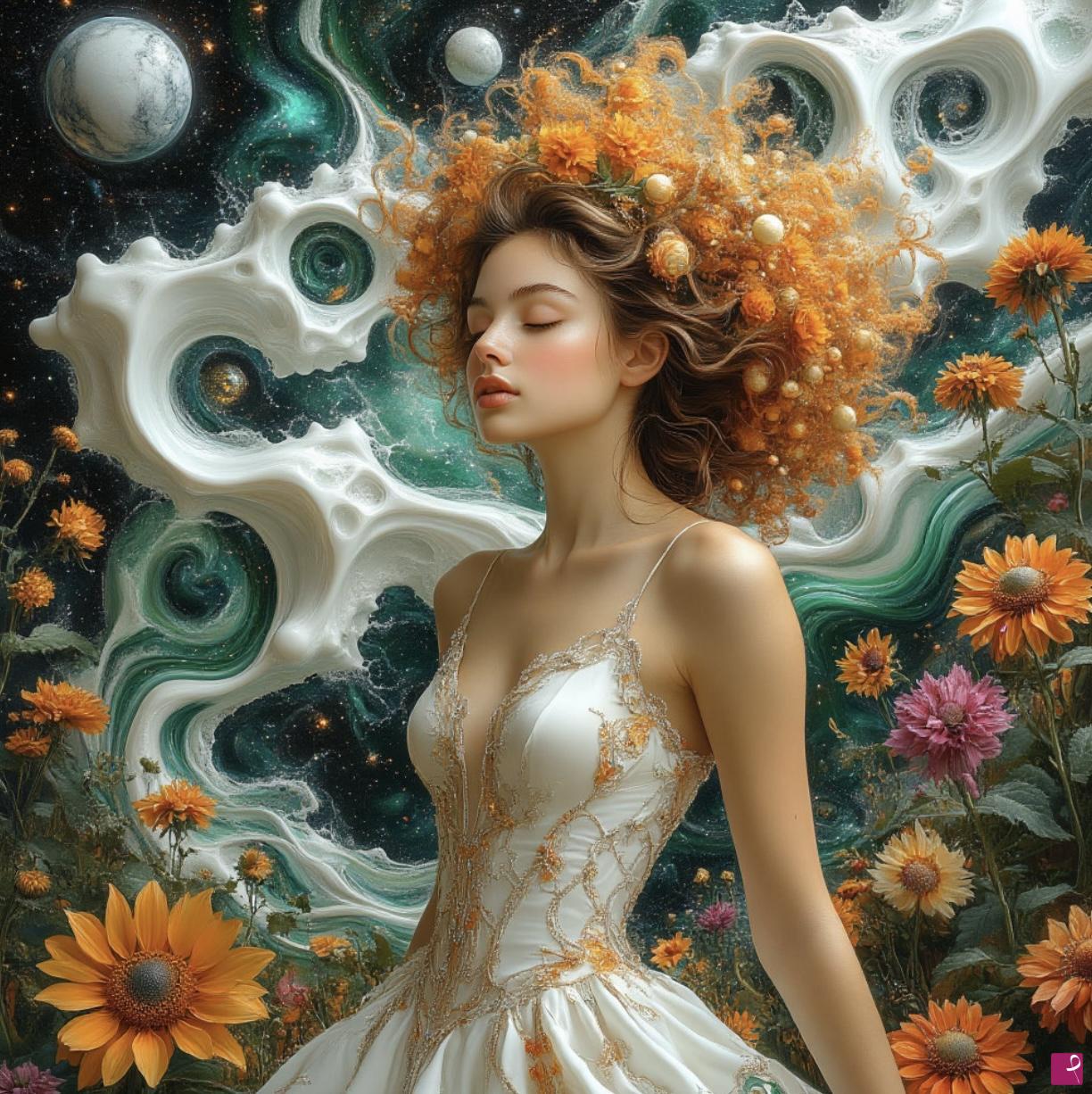 quadri in vendita online - Girl in white dress and flowers 2