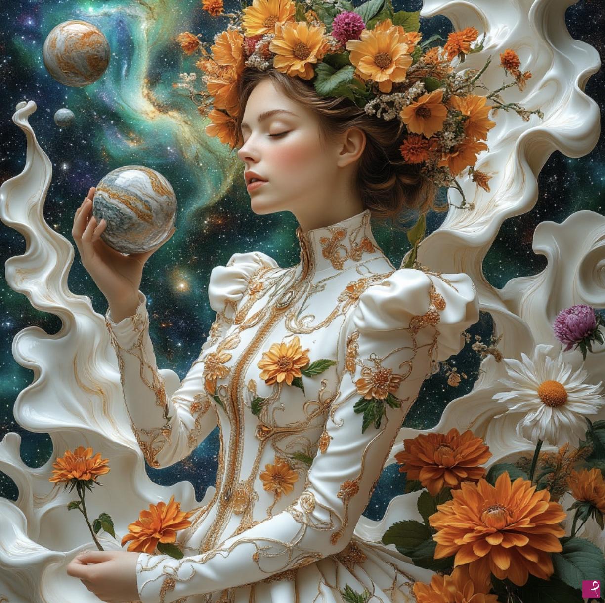 quadri in vendita online - Girl in white dress and flowers 