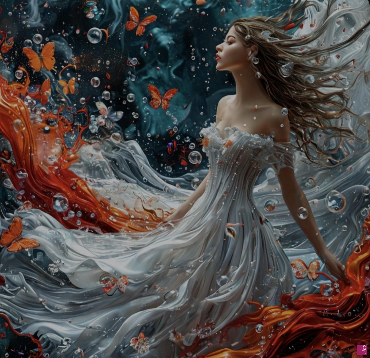 quadri in vendita online - Girl in white dress, butterflies, water balls