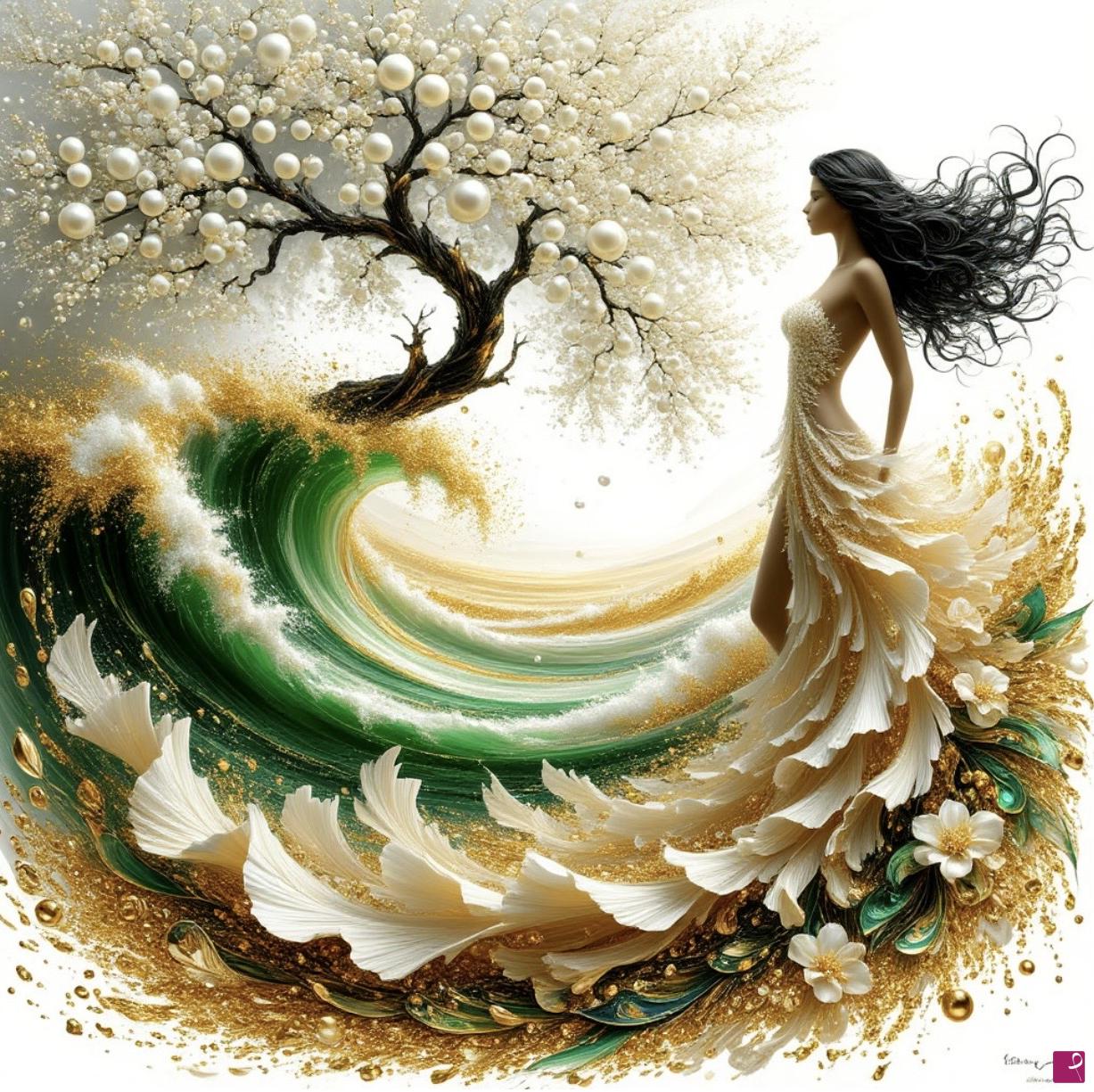 quadri in vendita online - Girl in white dress, tree, flowers 