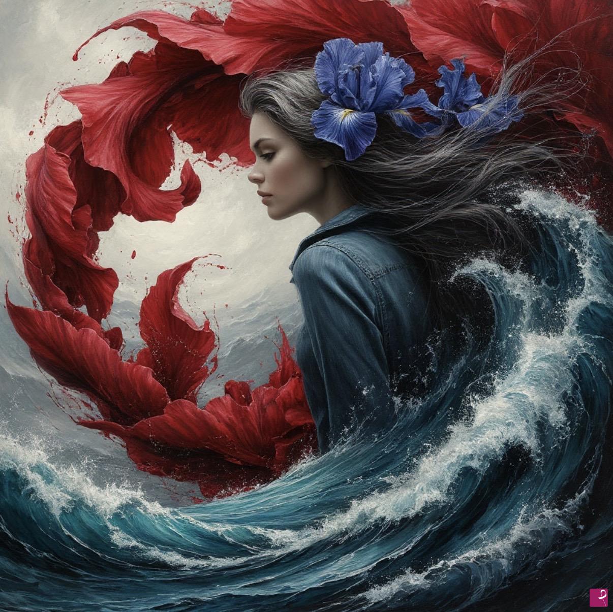quadri in vendita online - Girl, ocean waves in storm 