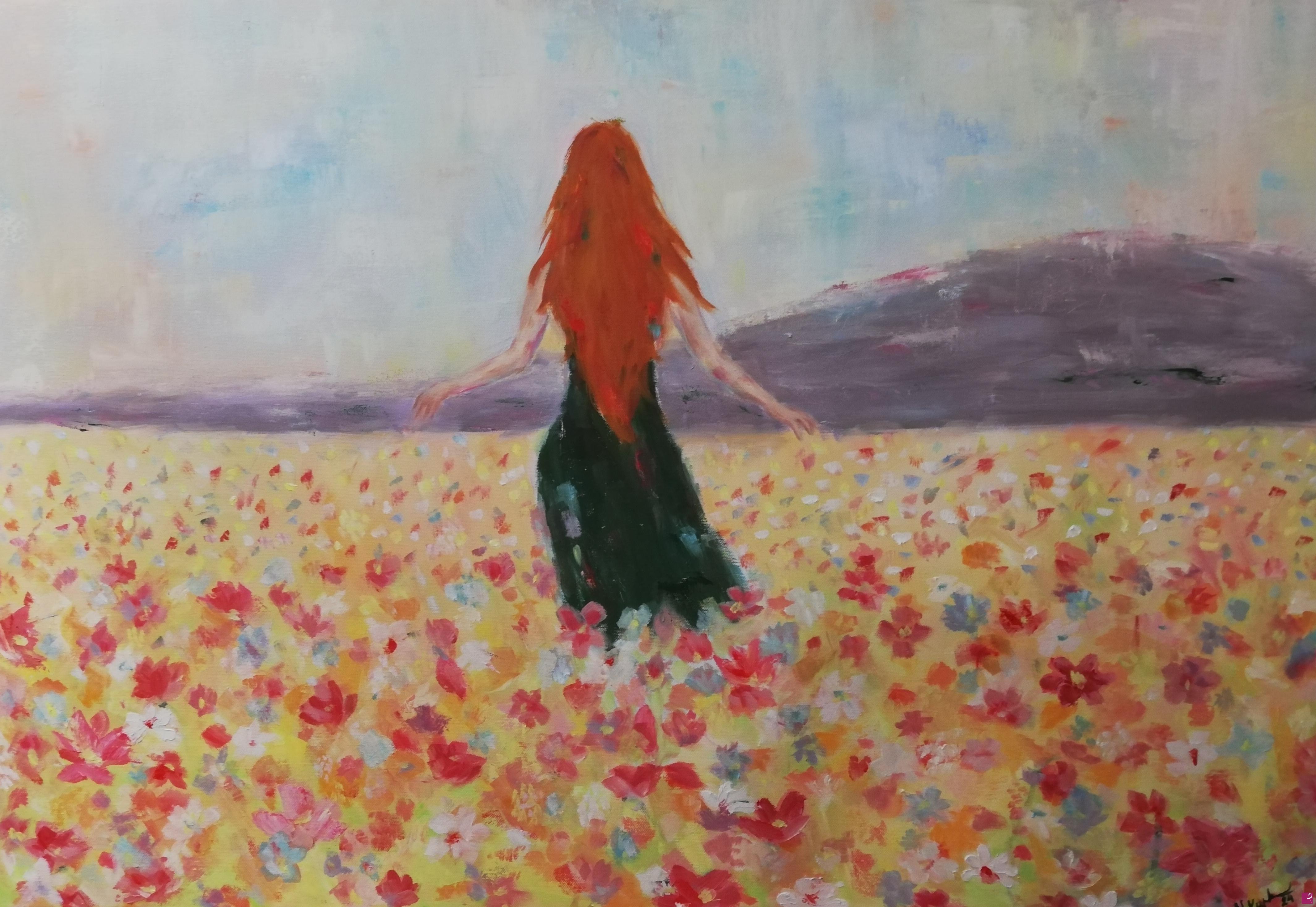 quadri in vendita online - Girl on a blooming meadow