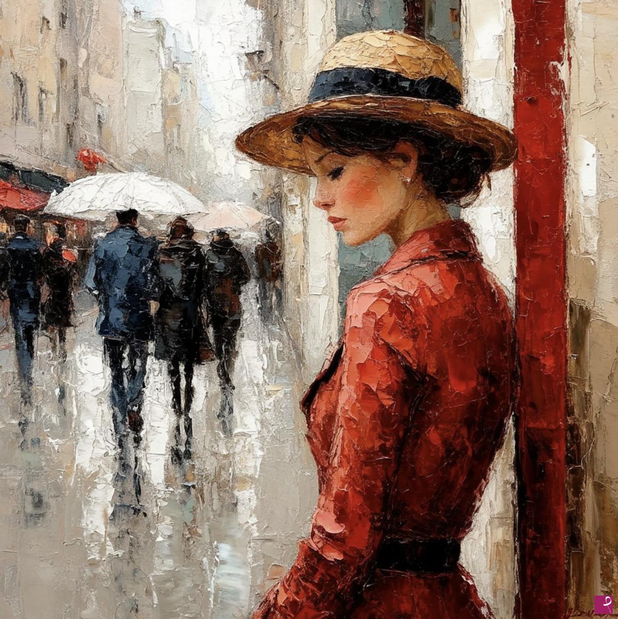 quadri in vendita online - Girl on street in the rain