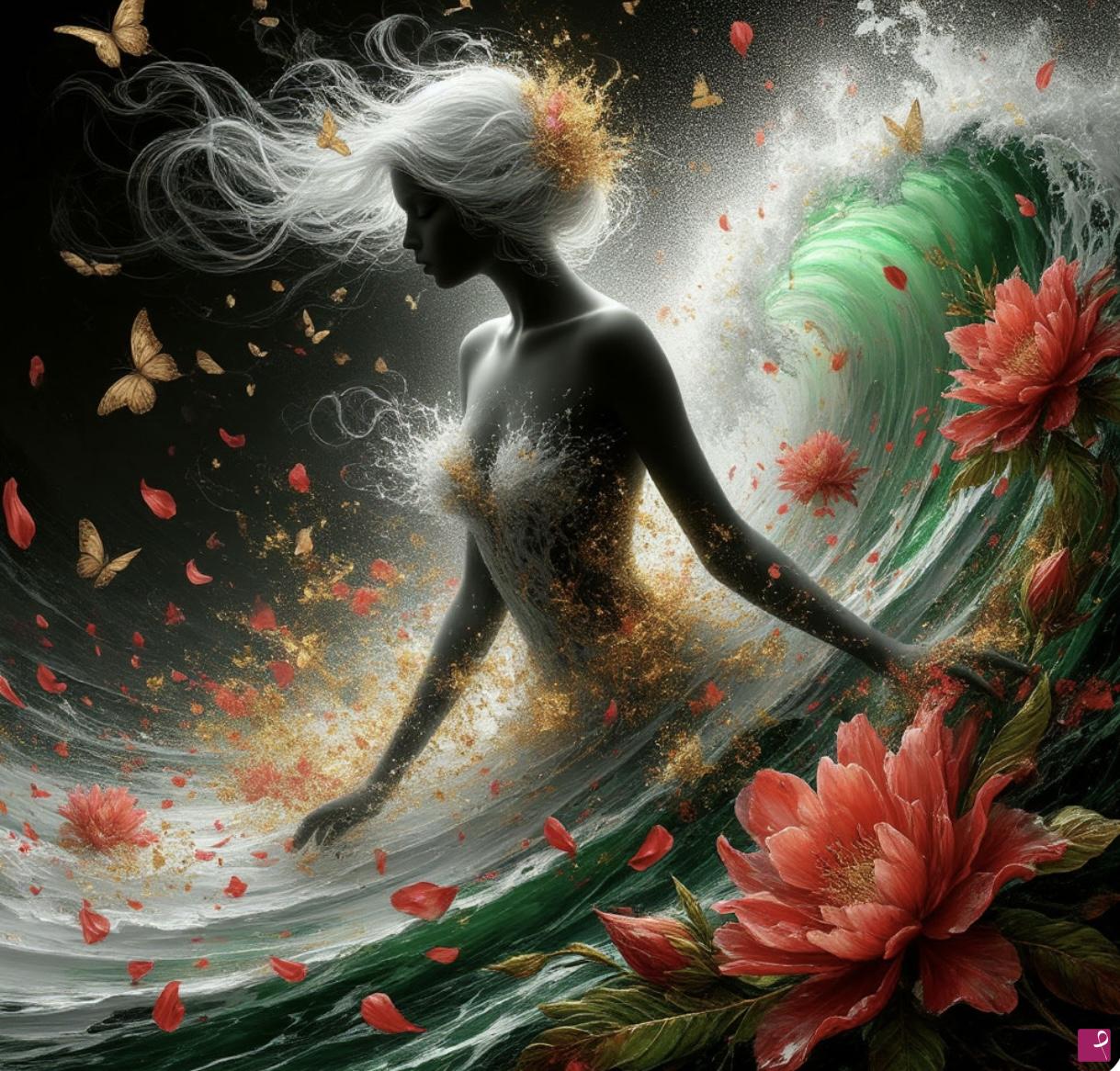 quadri in vendita online - Girl, sea waves and flowers 2