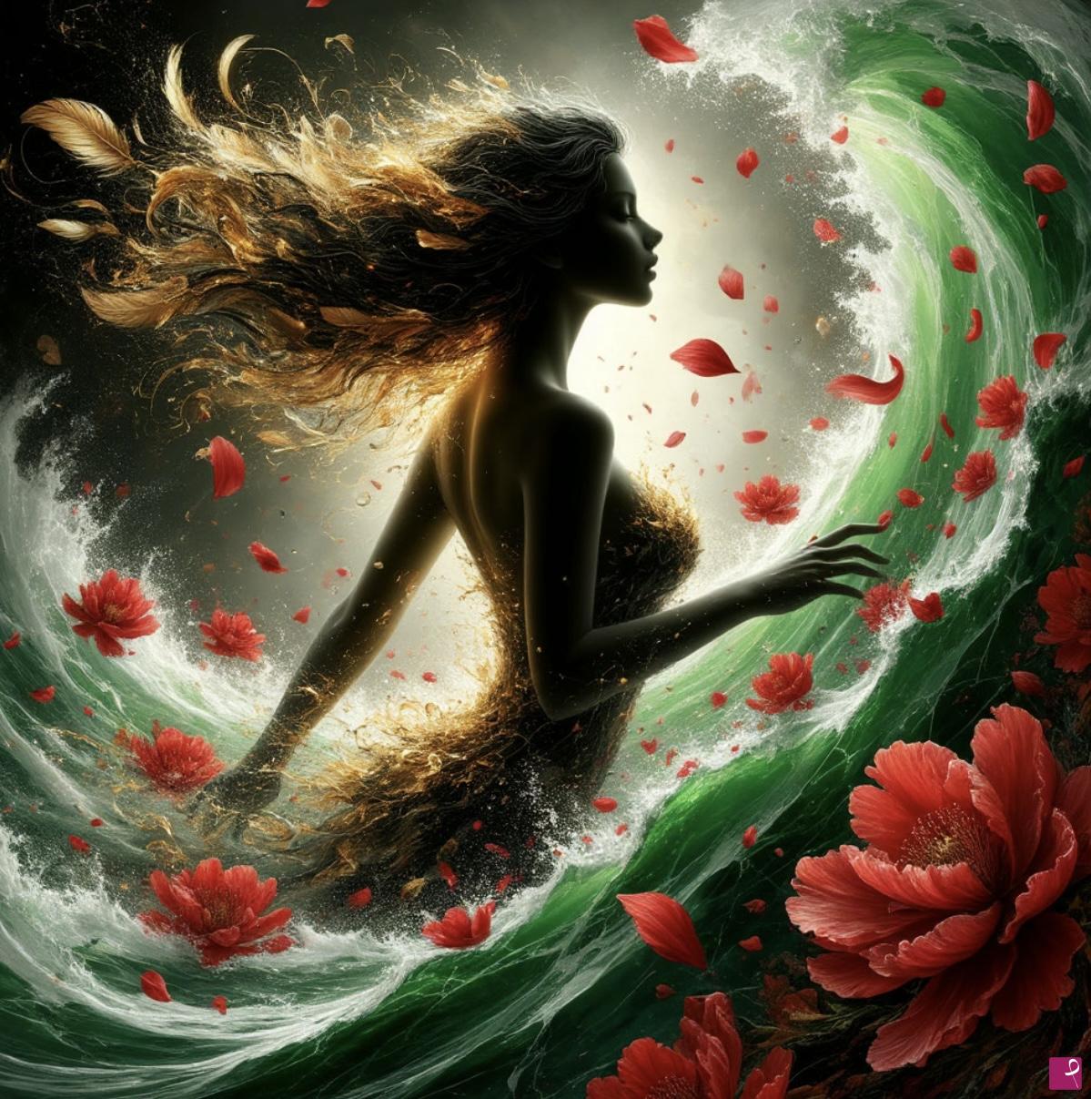 quadri in vendita online - Girl, sea waves and flowers 3