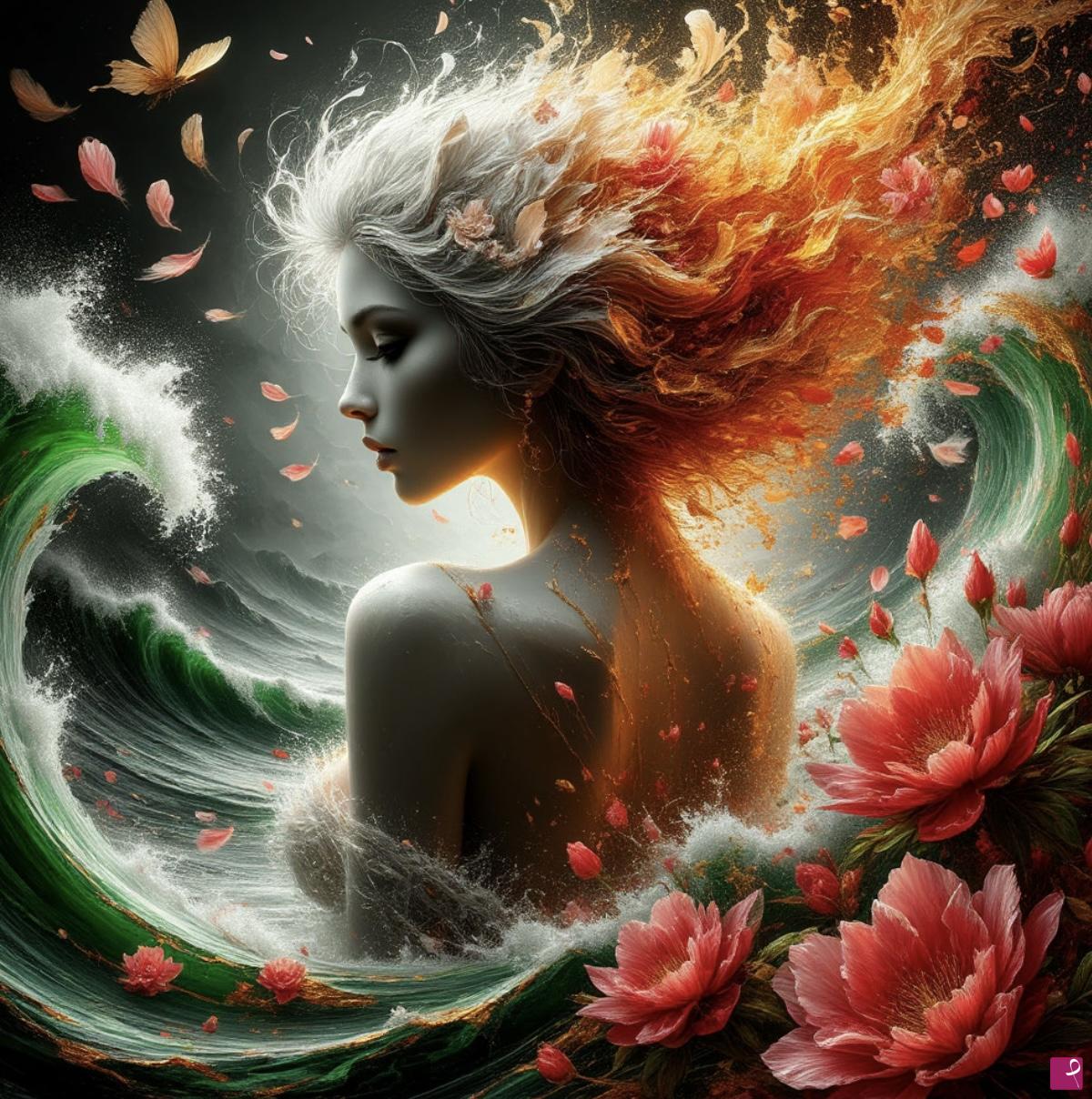quadri in vendita online - Girl, sea waves and flowers 
