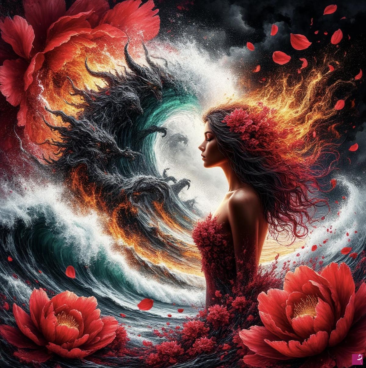 quadri in vendita online - Girl, tsunami, flowers