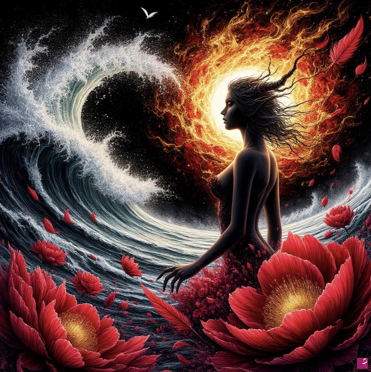 quadri in vendita online - Girl, tsunami, flowers2
