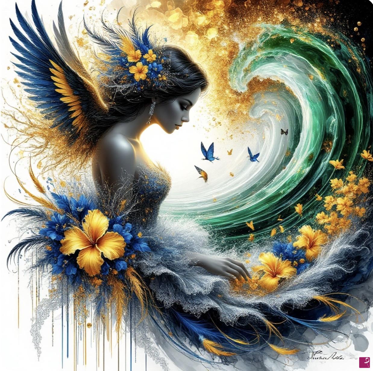 quadri in vendita online - Girl, waves, birds, flowers 