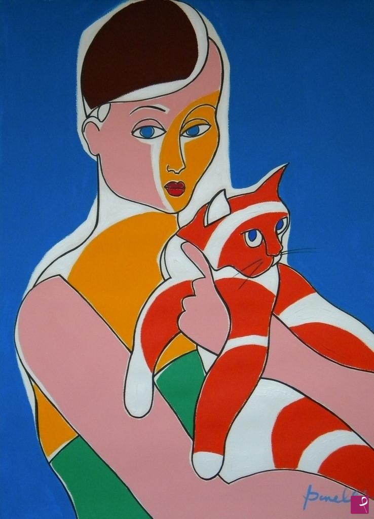 quadri in vendita online - Girl with cat