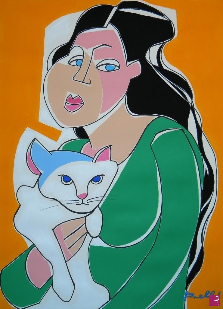 quadri in vendita online - Girl with cat