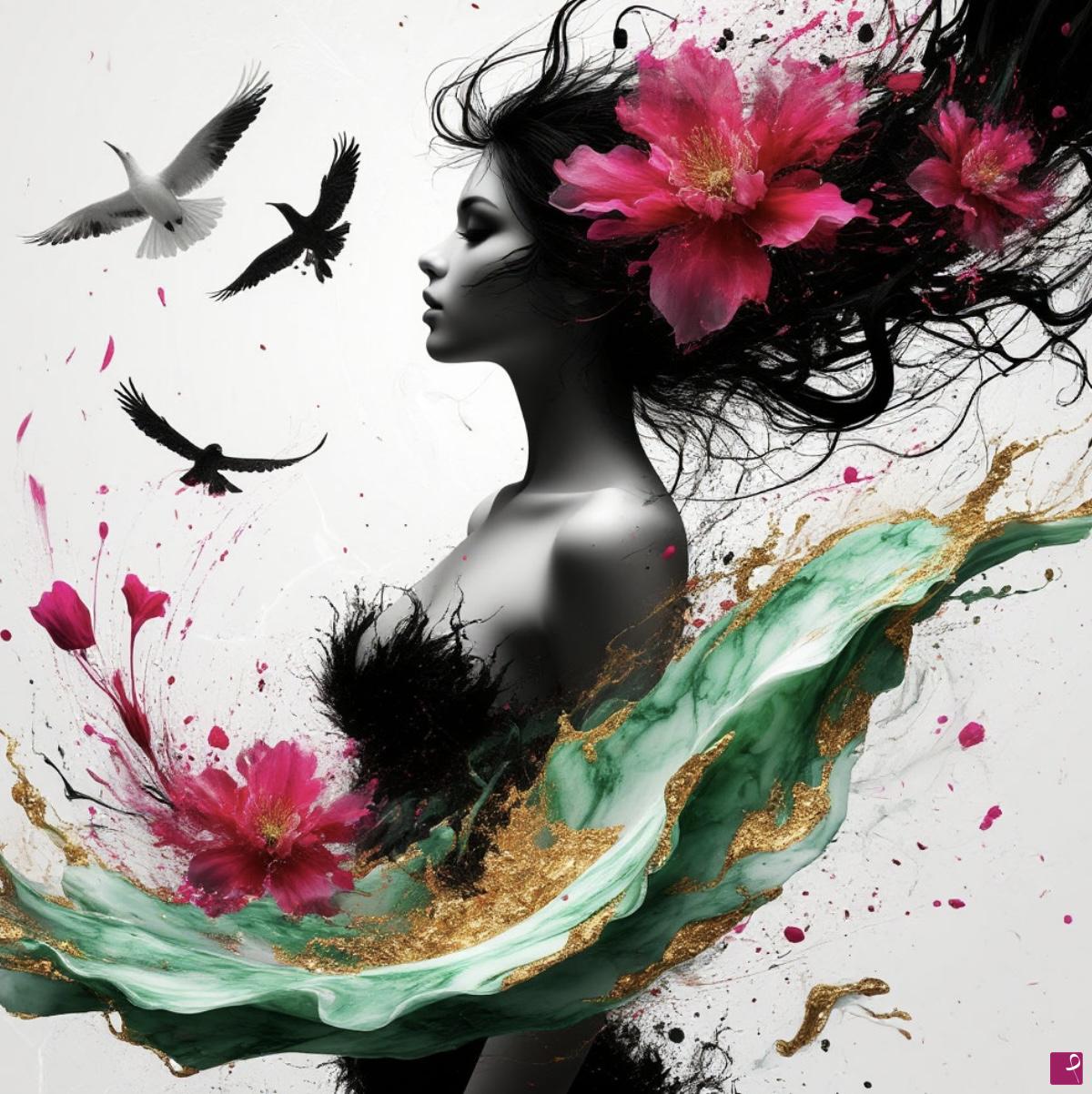 quadri in vendita online - Girl with flowers in head and hands