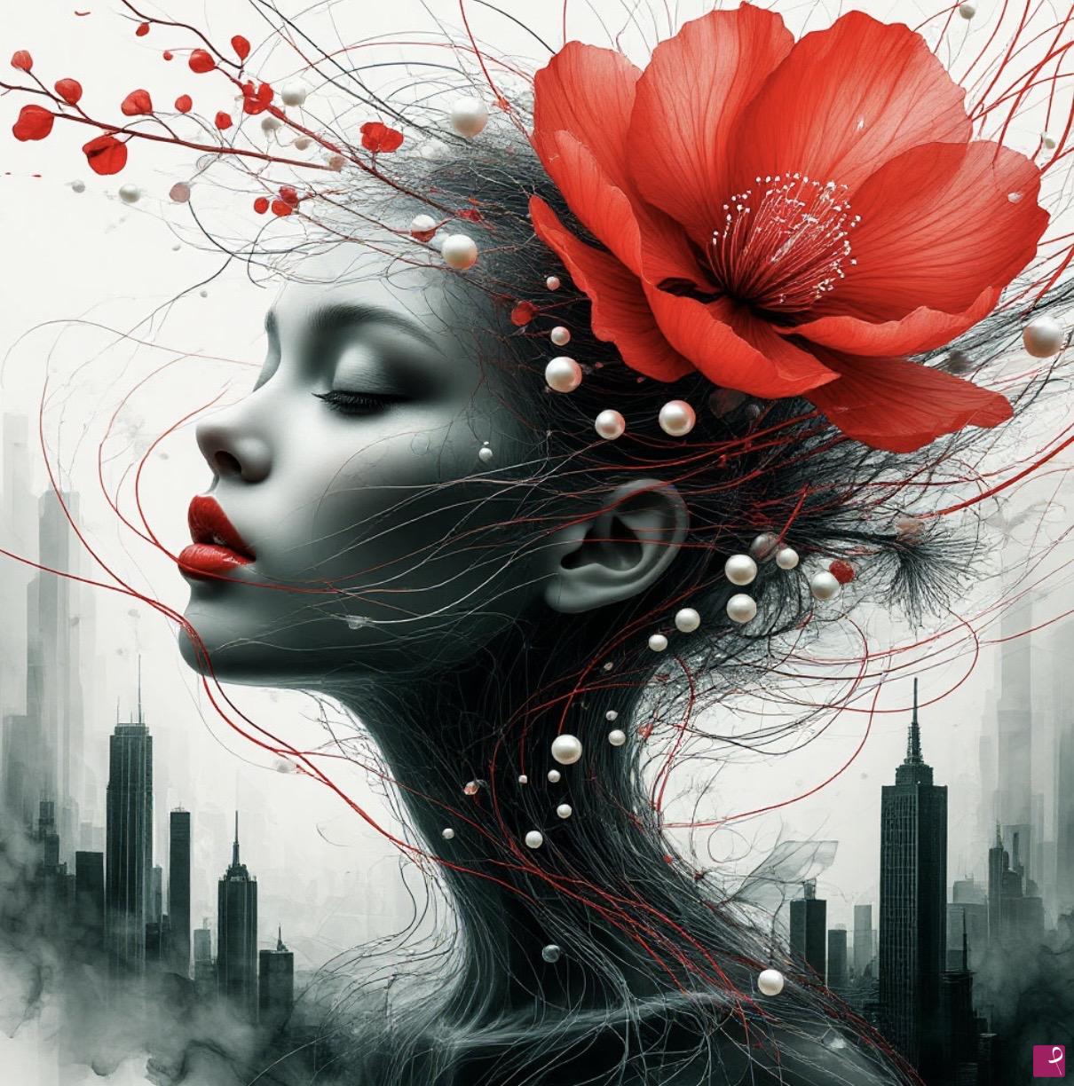 quadri in vendita online - Girl with rad flower in hair 