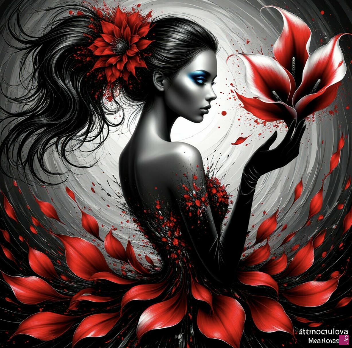quadri in vendita online - Girl with rad flowers 