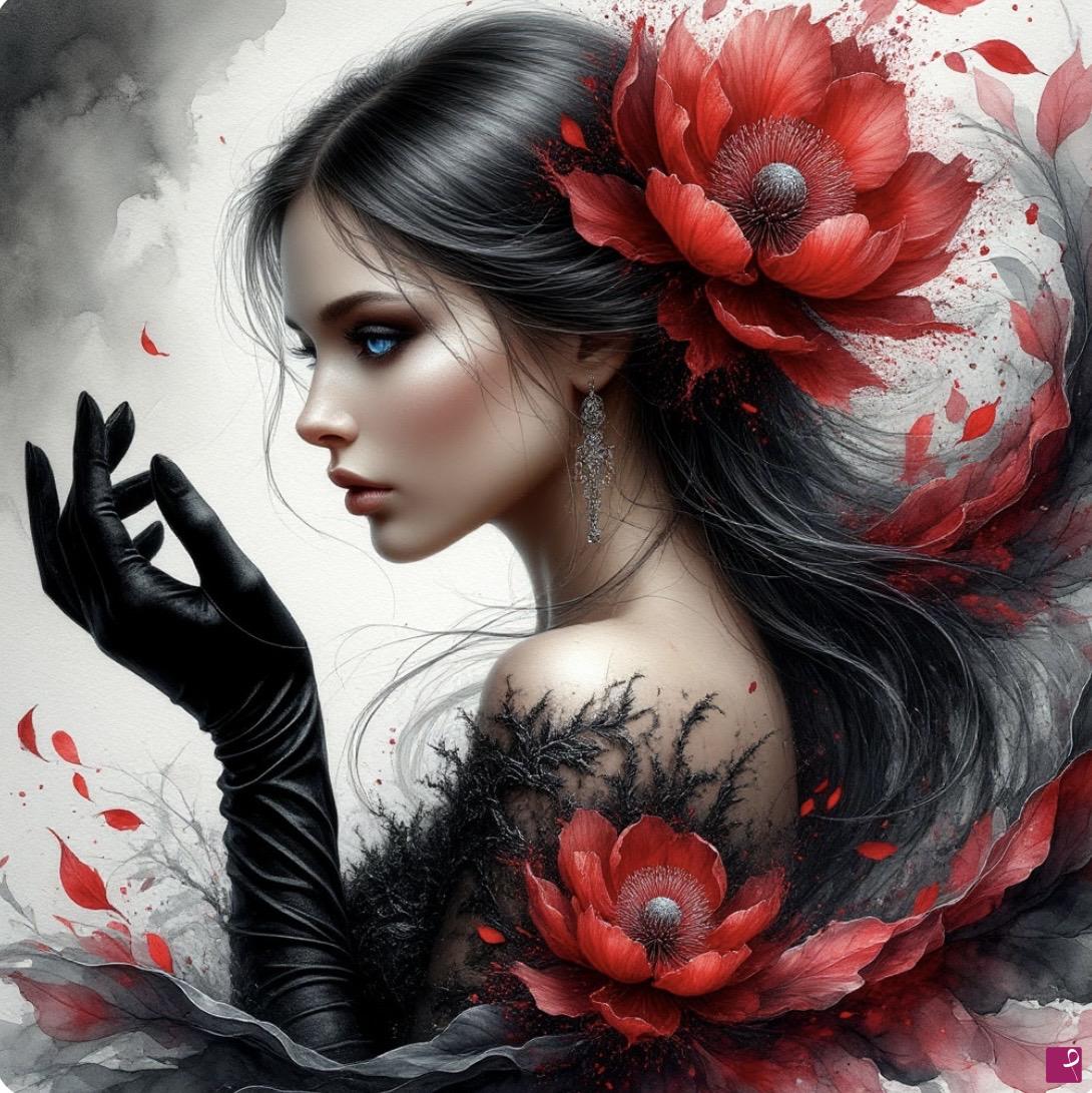 quadri in vendita online - Girl with rad flowers on head 