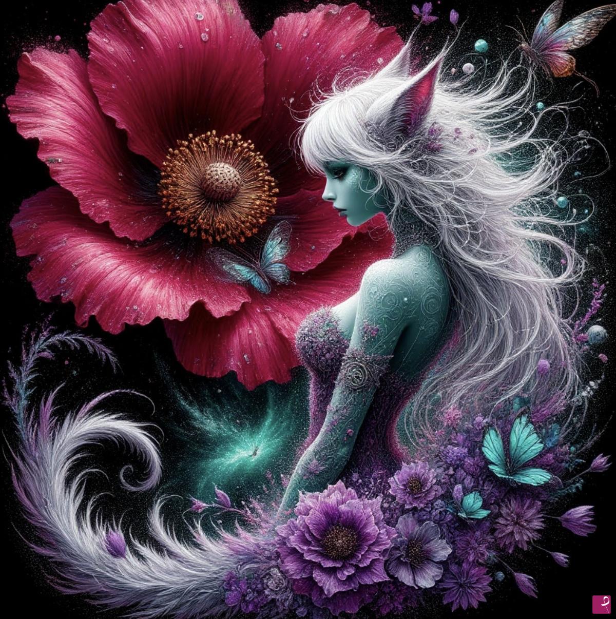 quadri in vendita online - GirlCat and flower, butterflies 