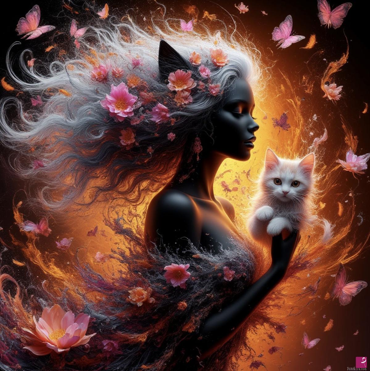 quadri in vendita online - Girl,cat and many butterflies, flowers 
