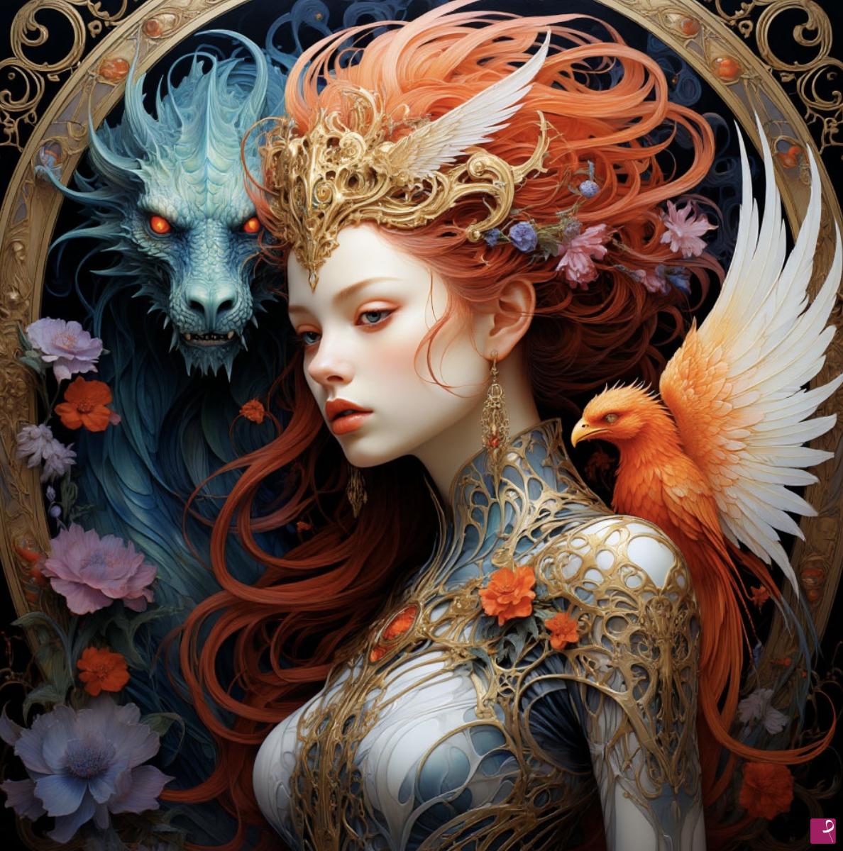 quadri in vendita online - Girl,dragon,bird