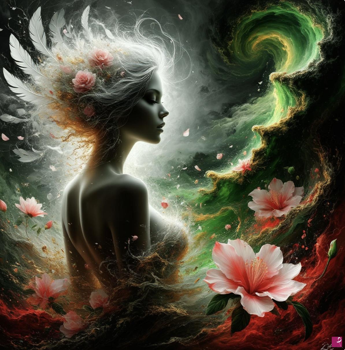 quadri in vendita online - Girl,flowers, green marble 