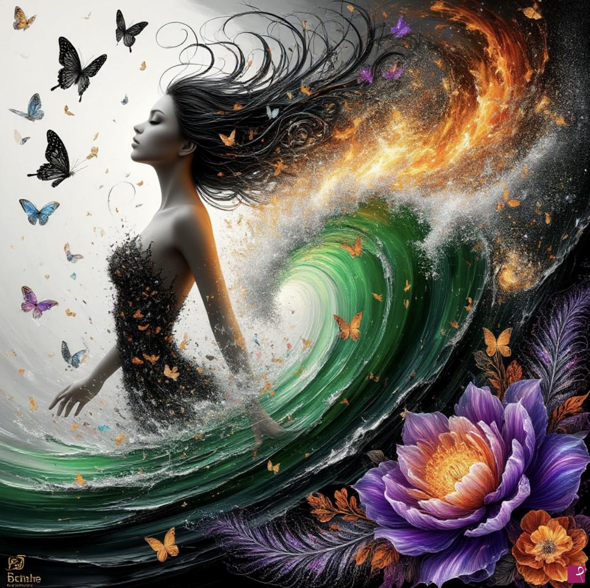 quadri in vendita online - Girl,sea waves, butterflies and flowers 