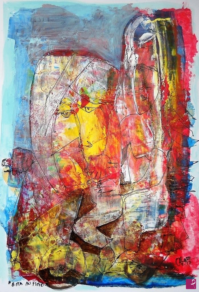 quadri in vendita online - "Gita in moto" tecnica mista su carta 33x48 cm 2-2017.esemplare unico.