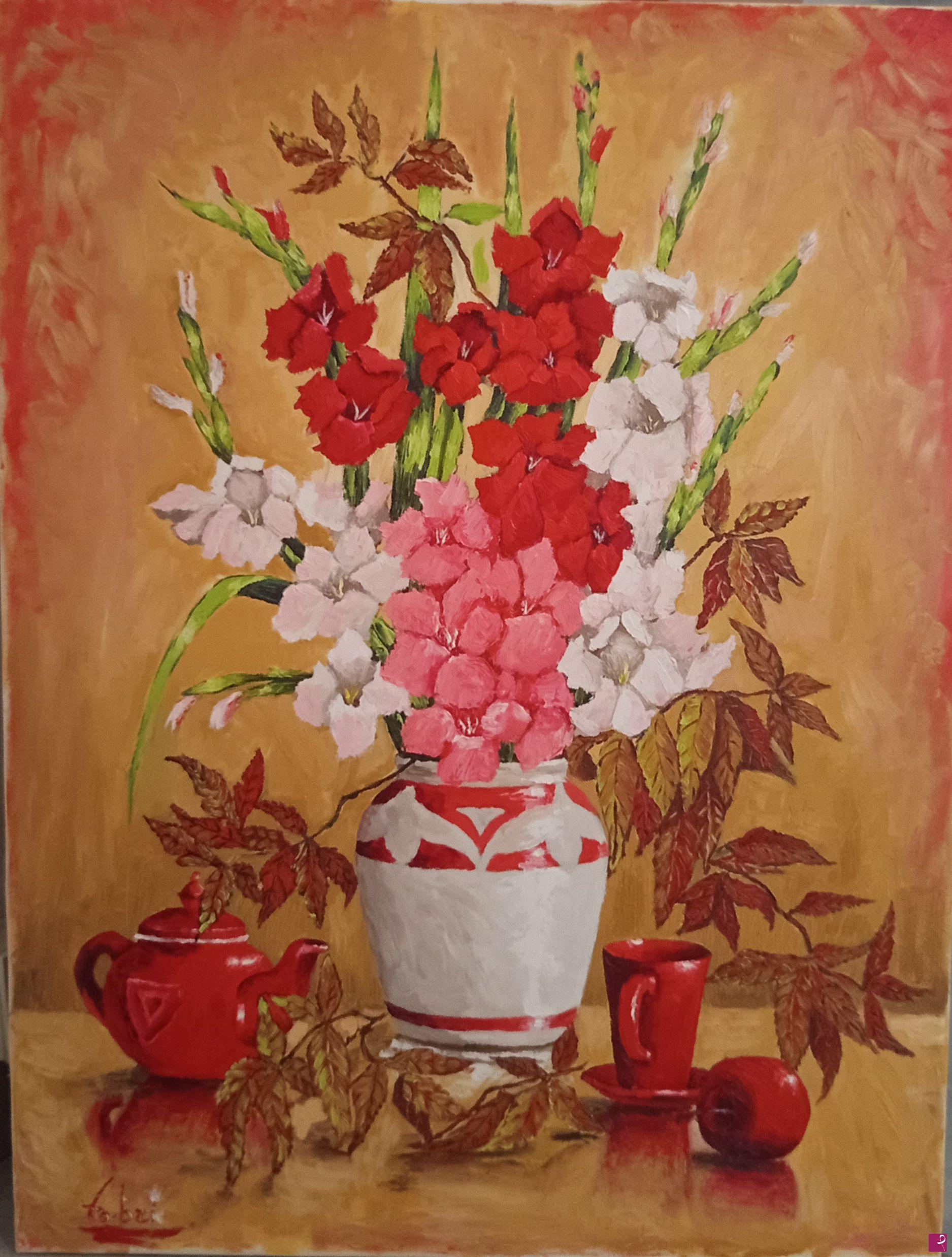 quadri in vendita online - Gladioli e accessori per il thè 